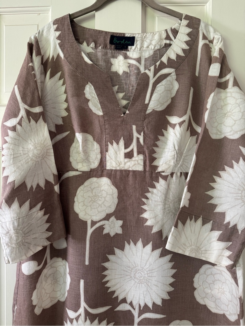 Boden Brown Linen Floral Tunic Dress with White Print - Picture 3 of 7